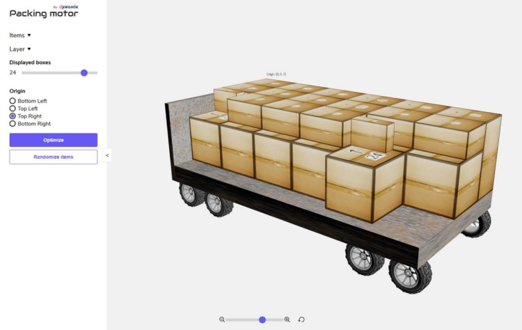 screencapture image of userinterface of packing optimizer with illustrated packages on a truck